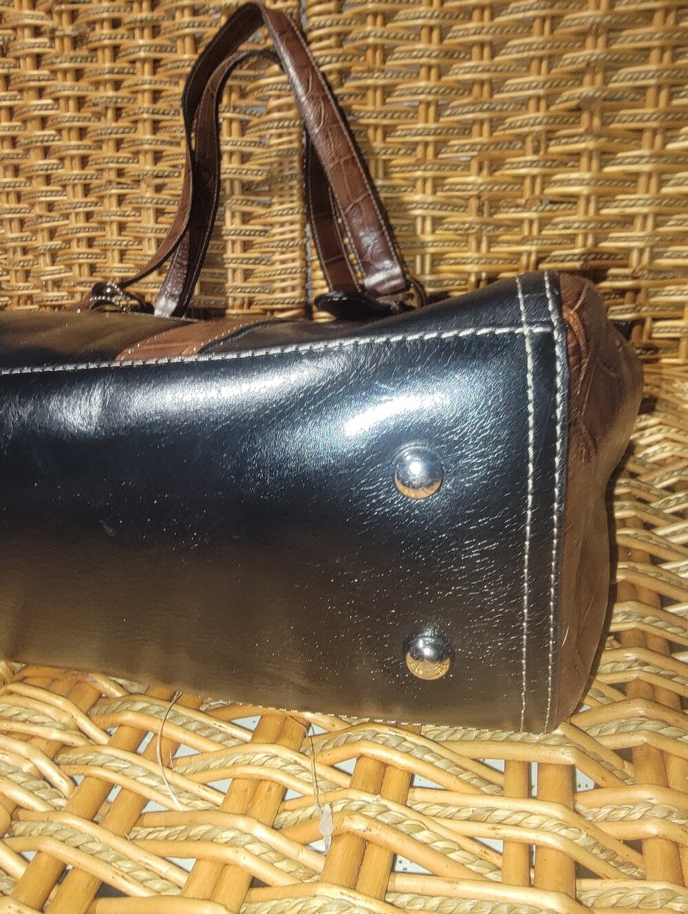 Fossil Black Brown Leather Handbag Computer Briefcase Croc Satchel W/ Key - Picture 5 of 10